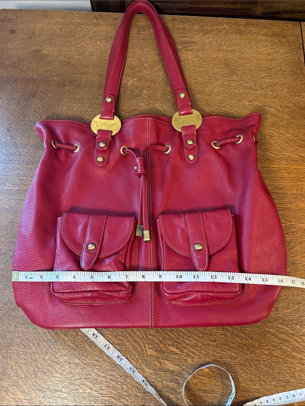 Sharif Americana Red Genuine Pebble Leather Large Hobo Shoulder Bag - Picture 14 of 16